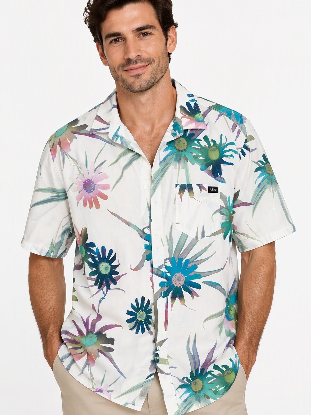 Vans Shirt Button Down Mens XXL Short Sleeve White Floral Surfer Beach